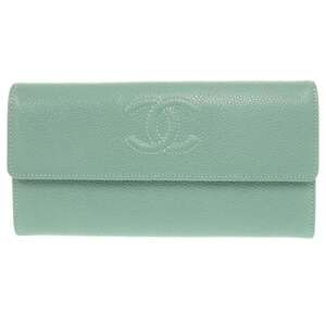 CHANEL Authentic Green Caviar Leather Logo Wallet